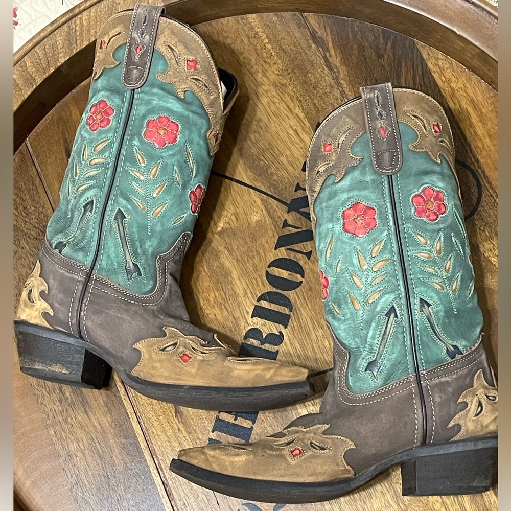 LAREDO Womens Tan Brown Teal Flower Cut Out Leather Western Cowgirl Boots Sz 6.5
